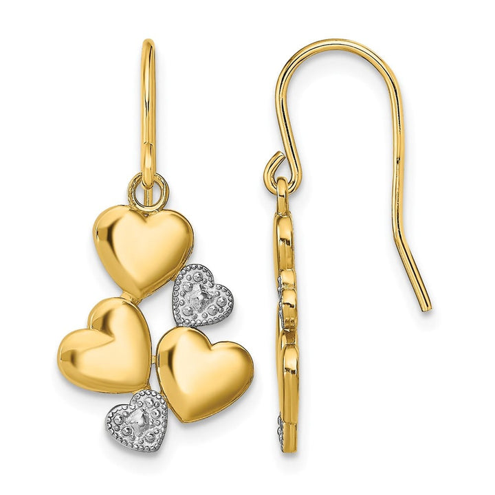 14K Yellow Gold White Rhodium Polished Hearts French Hook Earrings, view 1 of 4