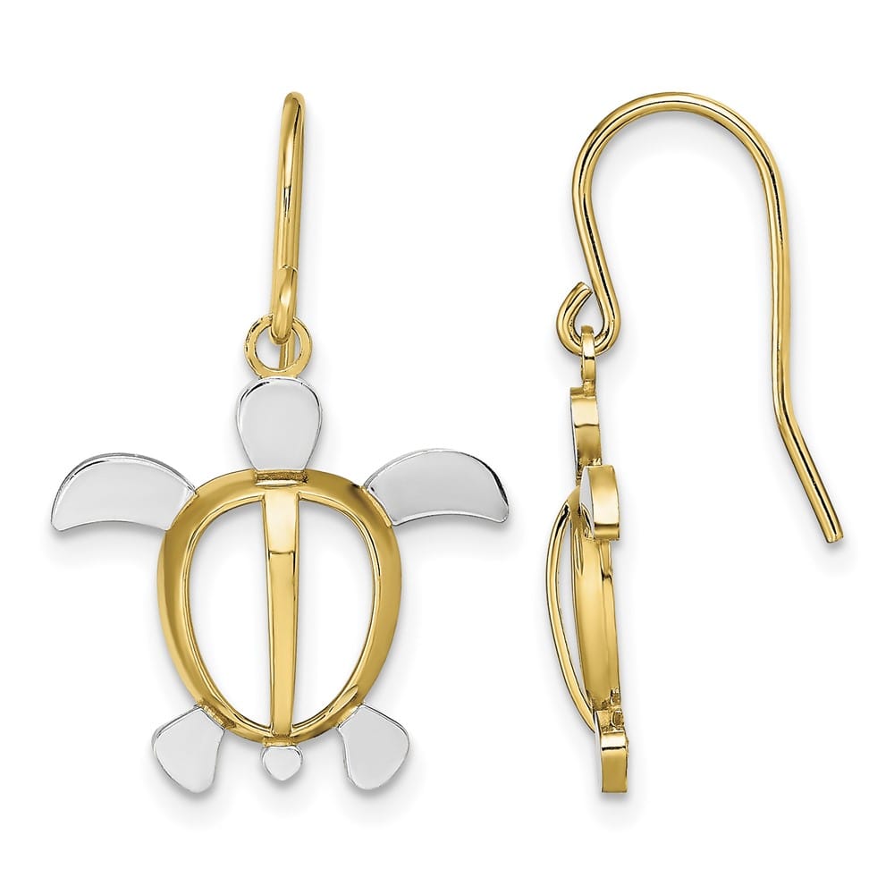 14K Yellow Gold White Rhodium Sea Turtle Dangle French Hook Earrings, view 1 of 4