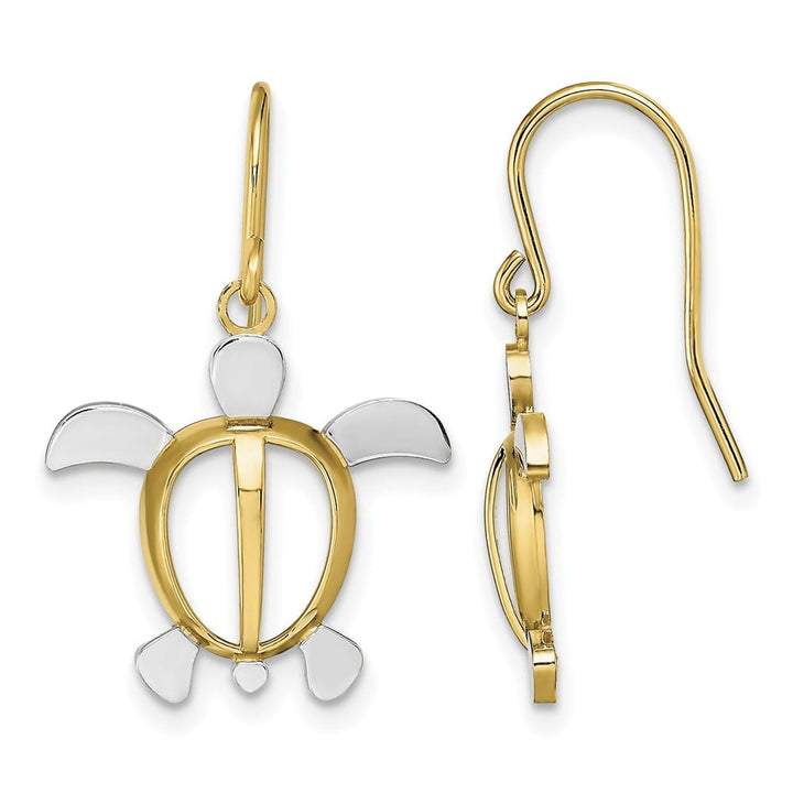 14K Yellow Gold White Rhodium Sea Turtle Dangle French Hook Earrings, view 1 of 4