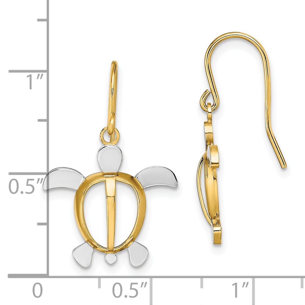 14K Yellow Gold White Rhodium Sea Turtle Dangle French Hook Earrings, view 4 of 4