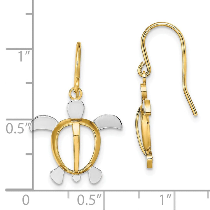 14K Yellow Gold White Rhodium Sea Turtle Dangle French Hook Earrings, view 4 of 4