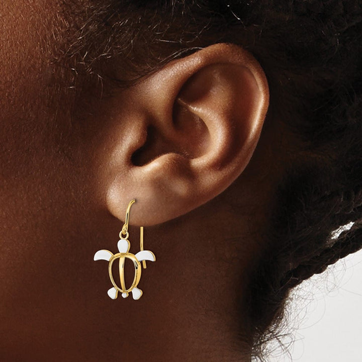 14K Yellow Gold White Rhodium Sea Turtle Dangle French Hook Earrings, view 3 of 4