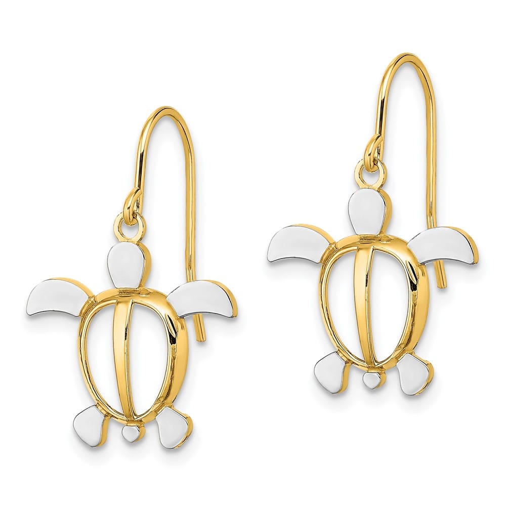 14K Yellow Gold White Rhodium Sea Turtle Dangle French Hook Earrings, view 2 of 4