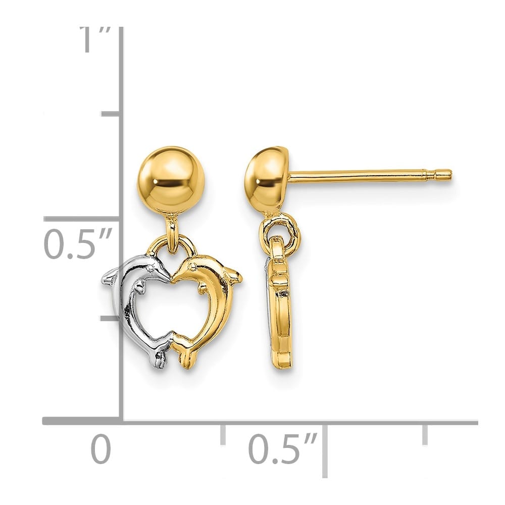 14K Yellow Gold White Rhodium Two Dolphins Dangle Post Earrings, view 4 of 4