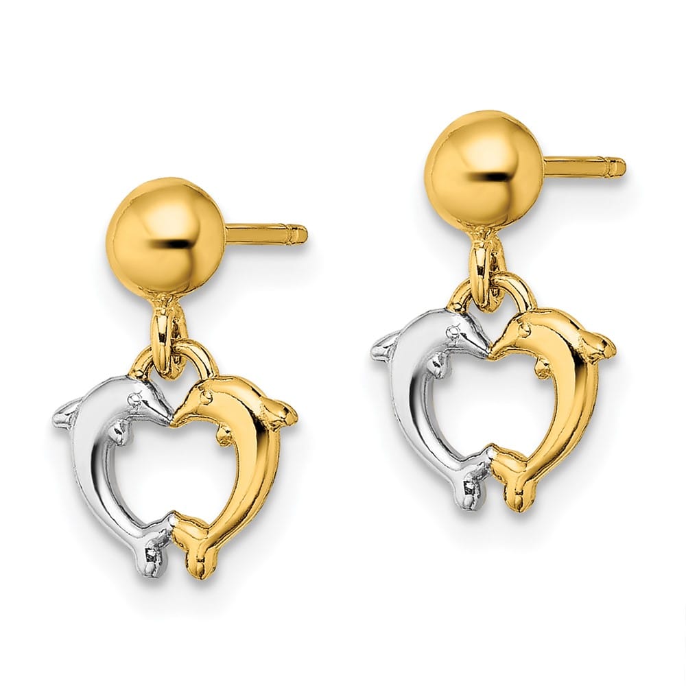 14K Yellow Gold White Rhodium Two Dolphins Dangle Post Earrings, view 2 of 4