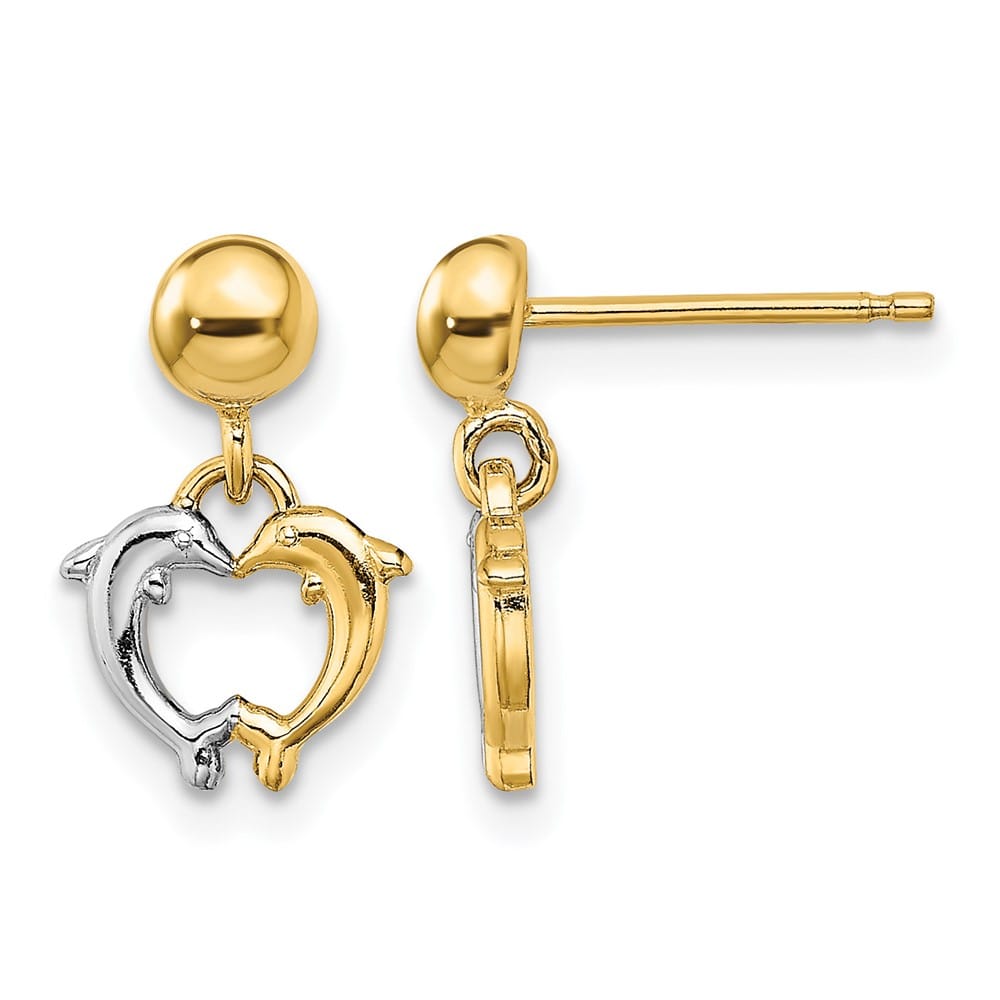14K Yellow Gold White Rhodium Two Dolphins Dangle Post Earrings, view 1 of 4