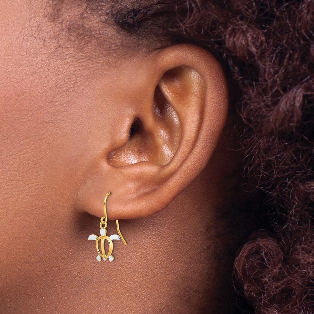 14K Yellow Gold White Small Sea Turtle Dangle French Hook Earrings, view 3 of 4