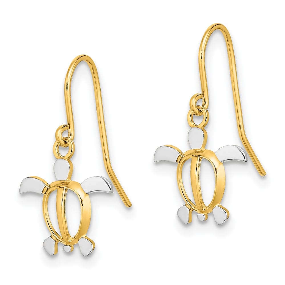 14K Yellow Gold White Small Sea Turtle Dangle French Hook Earrings, view 2 of 4