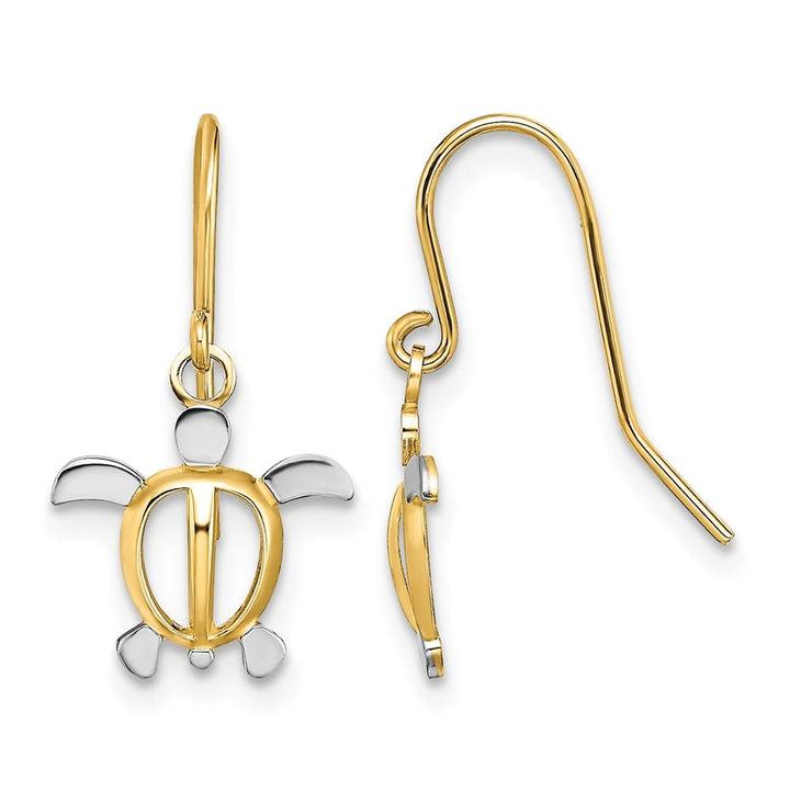 14K Yellow Gold White Small Sea Turtle Dangle French Hook Earrings, view 1 of 4