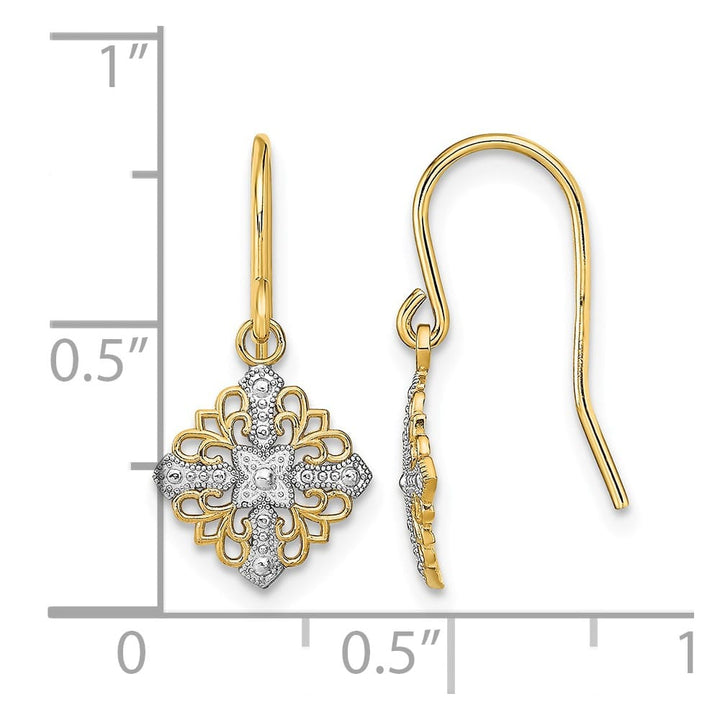 14K Yellow Gold White Square Filigree Dangle French Hook Earrings, view 4 of 4