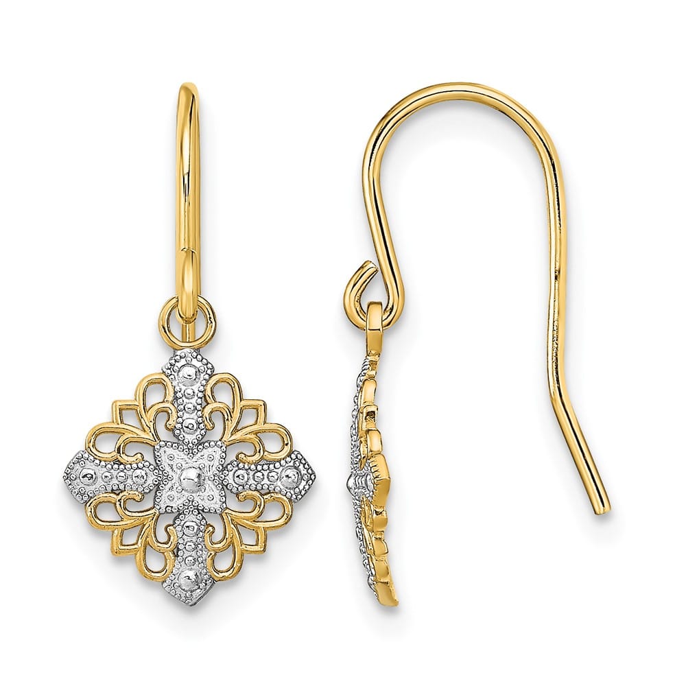 14K Yellow Gold White Square Filigree Dangle French Hook Earrings, view 1 of 4