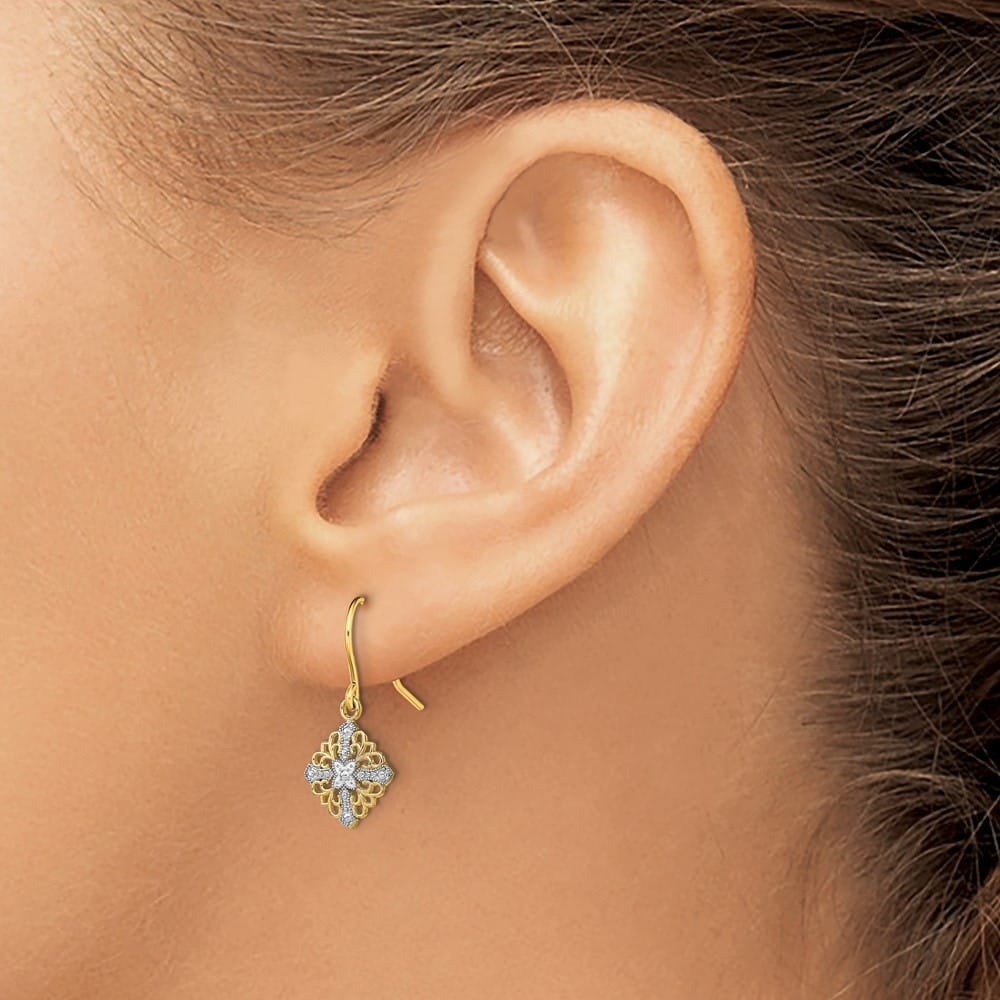 14K Yellow Gold White Square Filigree Dangle French Hook Earrings, view 3 of 4