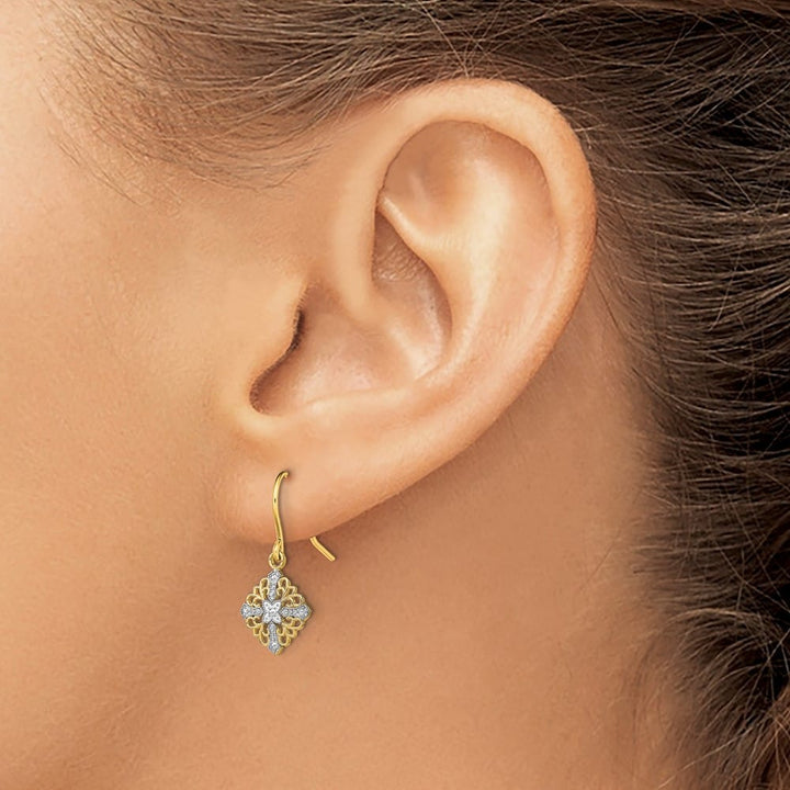 14K Yellow Gold White Square Filigree Dangle French Hook Earrings, view 3 of 4