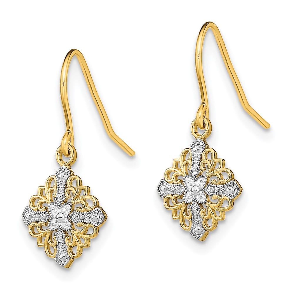 14K Yellow Gold White Square Filigree Dangle French Hook Earrings, view 2 of 4