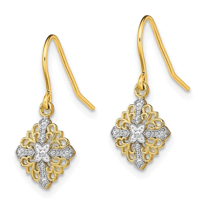14K Yellow Gold White Square Filigree Dangle French Hook Earrings, view 2 of 4