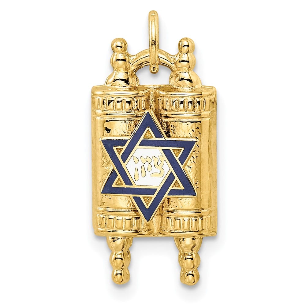 14K Yellow Gold with Blue and White Enameled Star of David Pendant