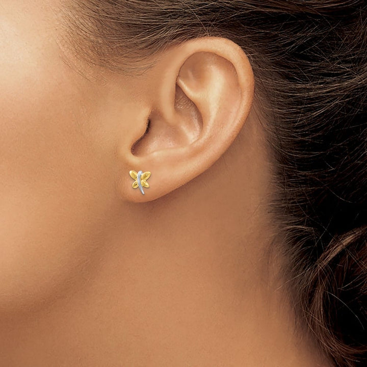 14K Yellow Gold with White Rhodium Polished Dragonfly Post Earrings, view 3 of 4