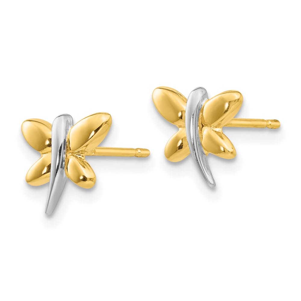 14K Yellow Gold with White Rhodium Polished Dragonfly Post Earrings, view 2 of 4
