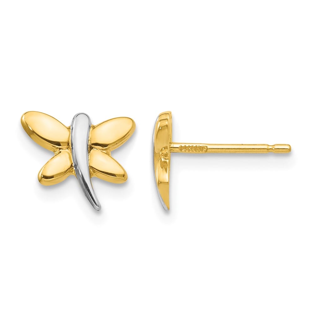 14K Yellow Gold with White Rhodium Polished Dragonfly Post Earrings, view 1 of 4