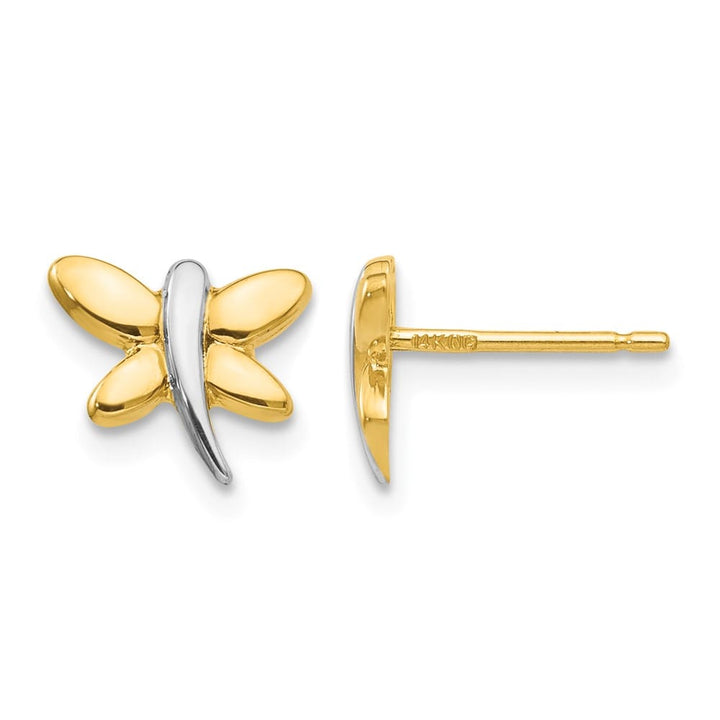 14K Yellow Gold with White Rhodium Polished Dragonfly Post Earrings, view 1 of 4