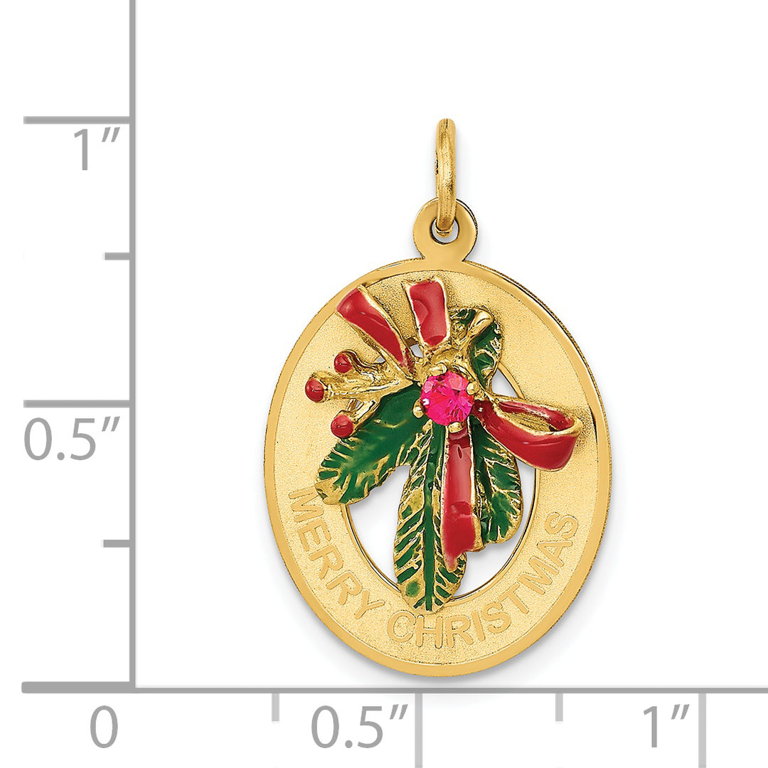 14k Yellow Gold MERRY CHRISTMAS Mistletoe with Stone Pendant