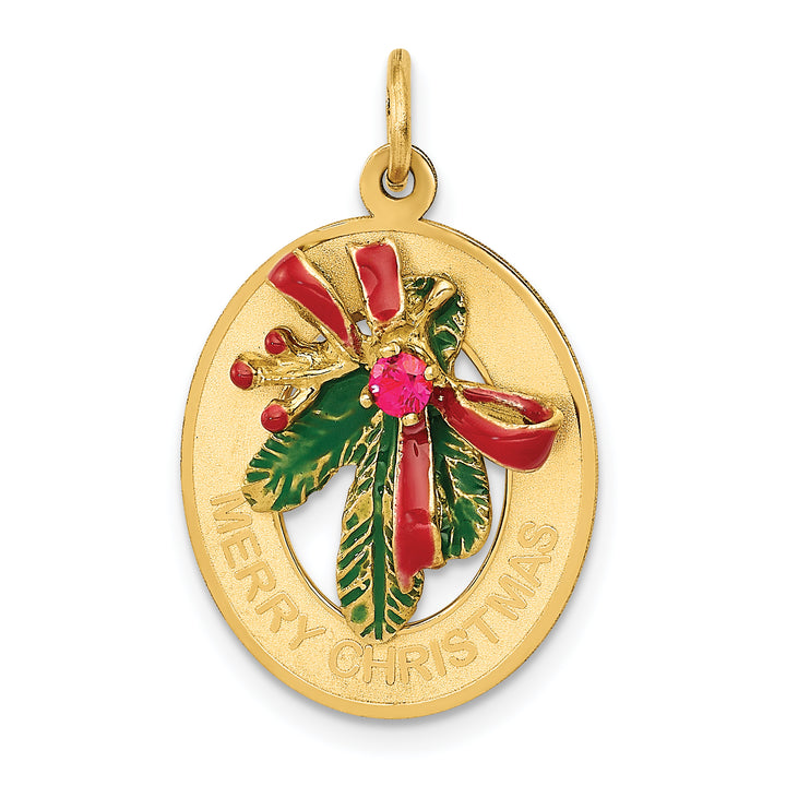 14k Yellow Gold MERRY CHRISTMAS Mistletoe with Stone Pendant