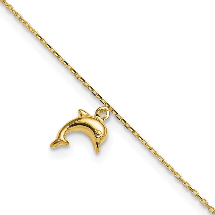 14K Yellow Gold Dolphin Charm Dangle Anklet — solid 14K yellow gold, 9 inches long, 1 inch extension, 1 mm wide, spring ring clasp, 1.19 g