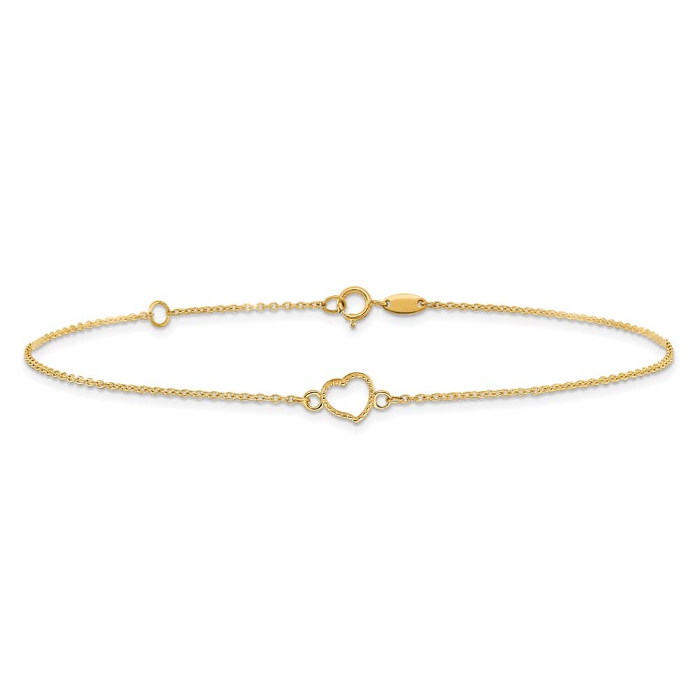 14K Yellow Gold Textured and Polished Open Heart Anklet