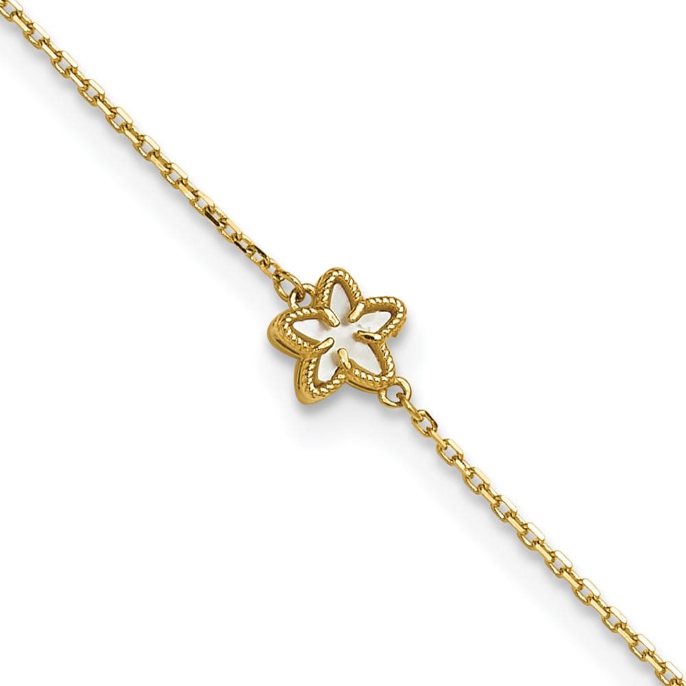 14K Yellow Gold Polished Mother of Pearl Flower Anklet — solid 14K yellow gold, 9 inches long, 1 inch extension, 0.9 mm wide, spring ring clasp, 1.16 g