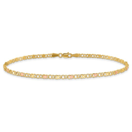 14k Yellow Rose Gold X Heart 9-Inch Anklet Bracelet