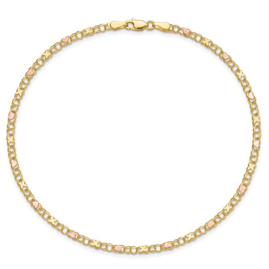14k Yellow Rose Gold X Heart 9-Inch Anklet Bracelet