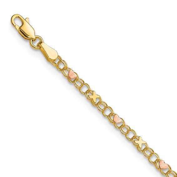 14k Yellow Rose Gold X Heart 9-Inch Anklet Bracelet