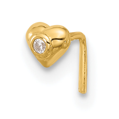 14k Yellow Gold  22 Gauge CZ Heart Nose Stud