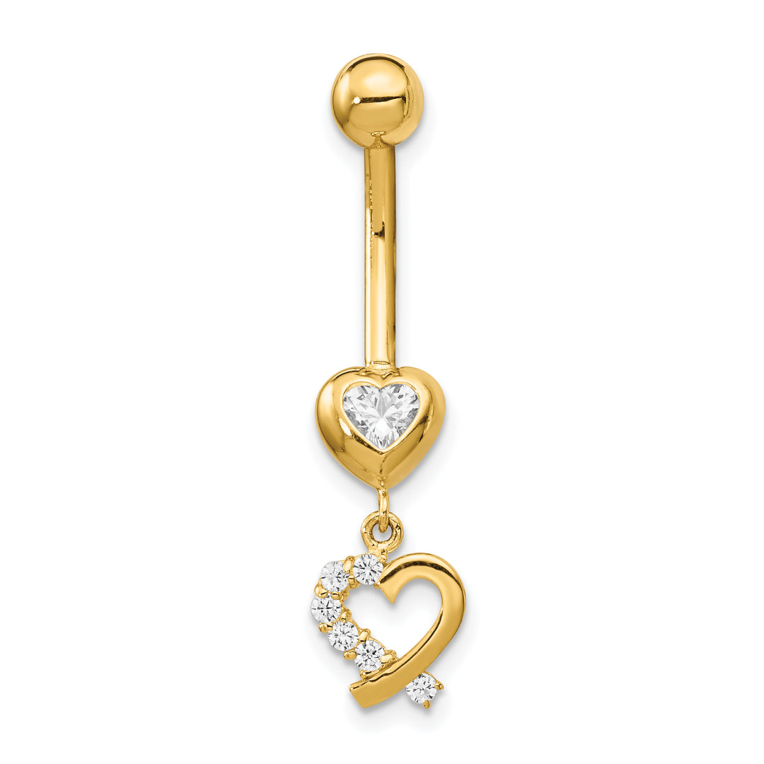 14k Gauge CZ 2-Hearts Dangle Belly Ring