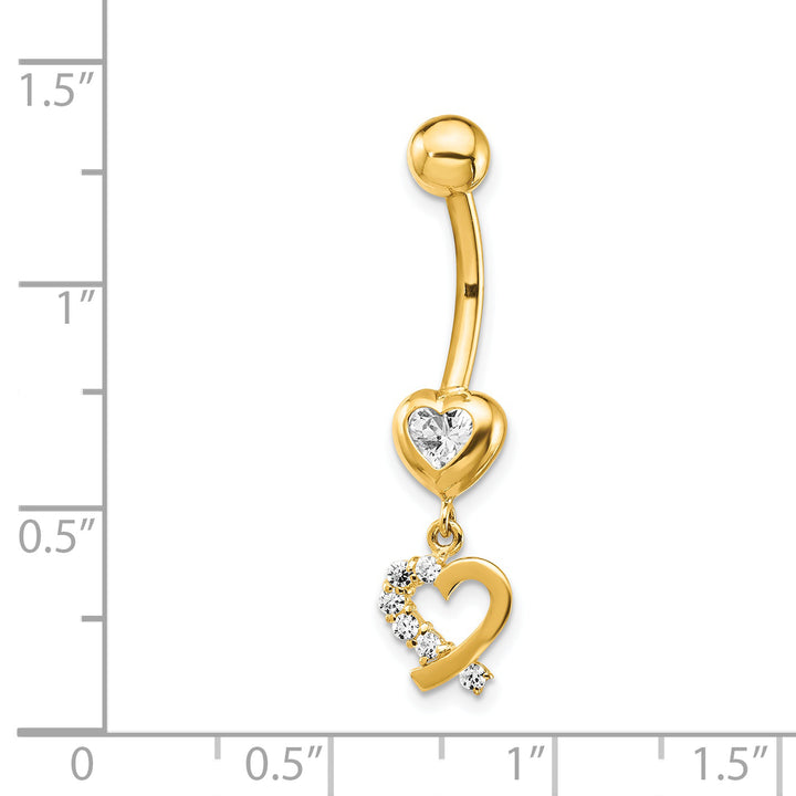 14k Gauge CZ 2-Hearts Dangle Belly Ring