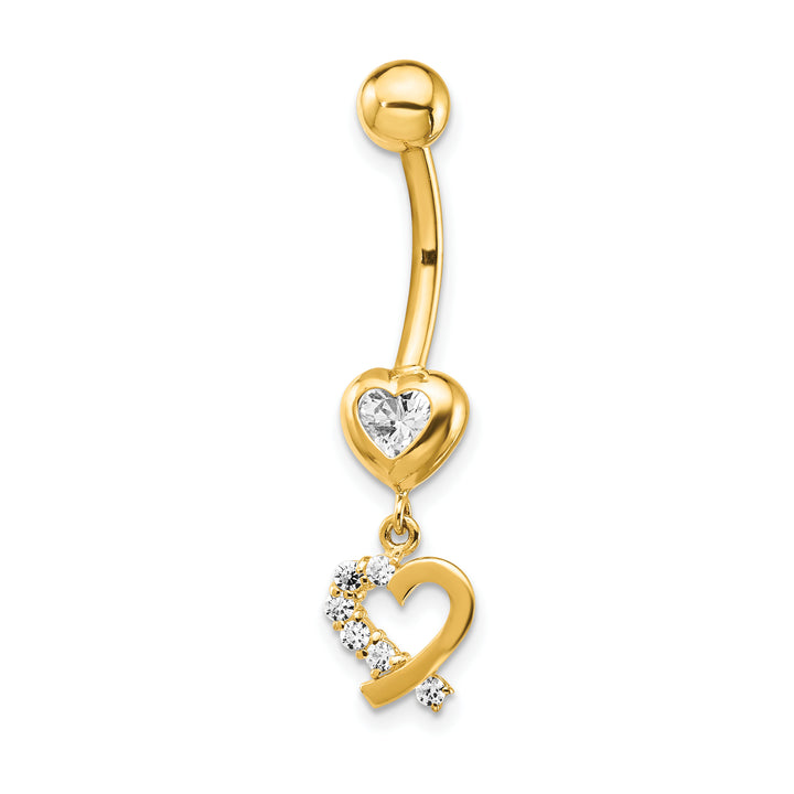 14k Gauge CZ 2-Hearts Dangle Belly Ring