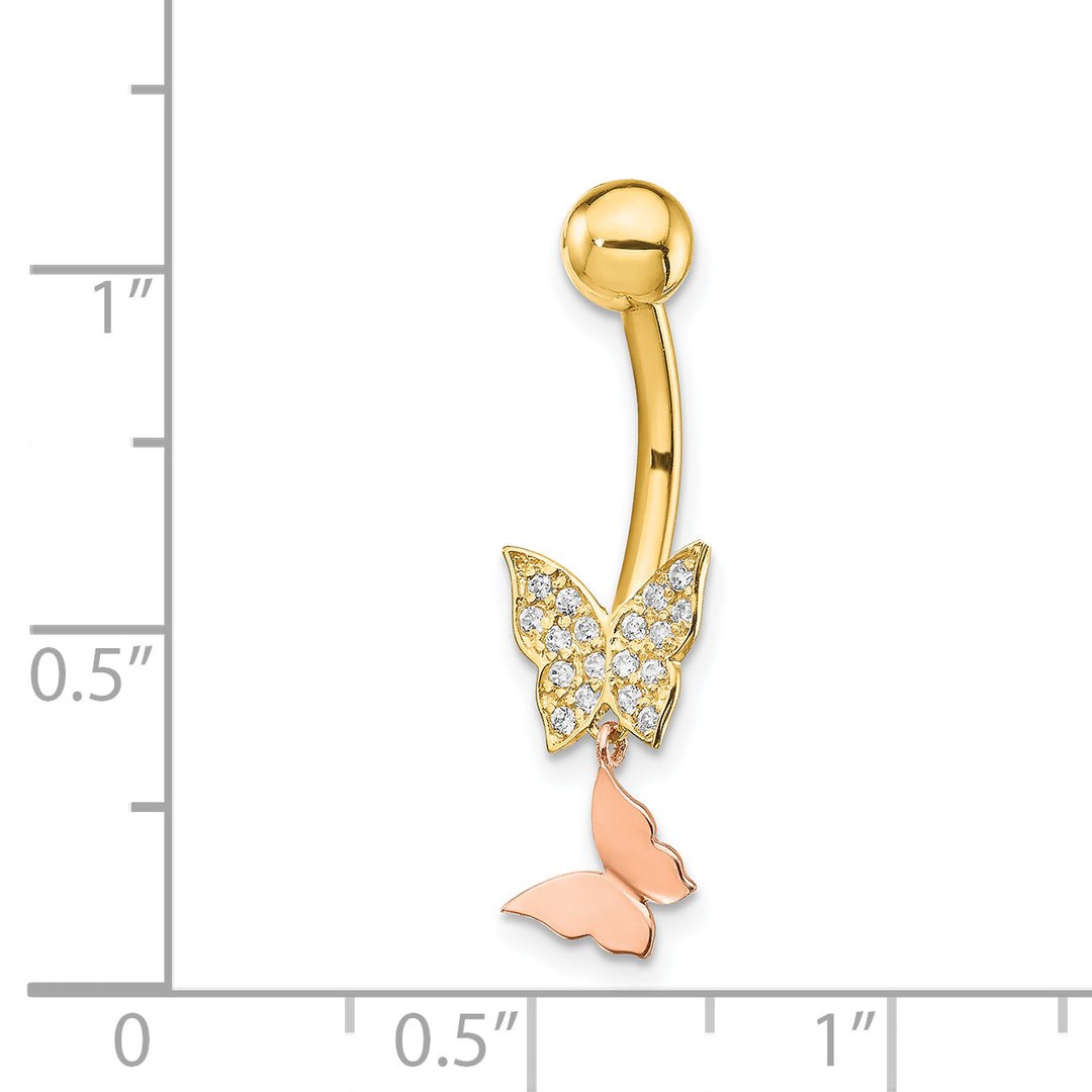 14k Two-tone 14 Gauge Double CZ Butterfly Dangle Belly Ring