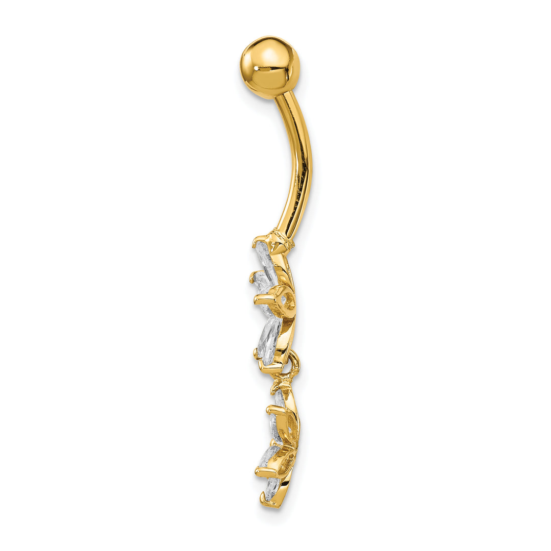 14k Yellow Gold Gauge CZ 2-Flower Dangle Belly Ring