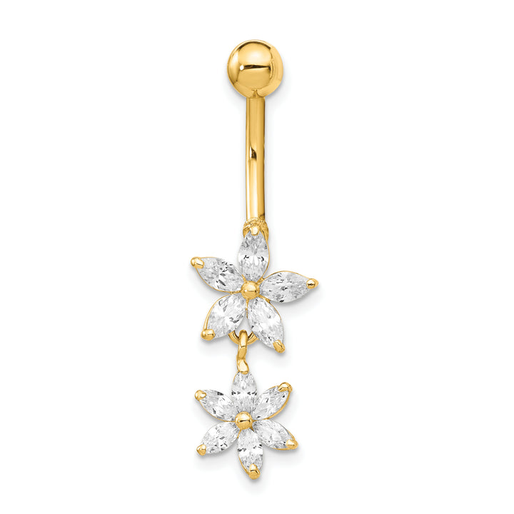 14k Yellow Gold Gauge CZ 2-Flower Dangle Belly Ring