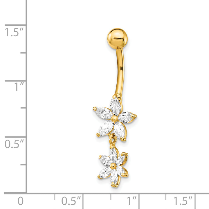 14k Yellow Gold Gauge CZ 2-Flower Dangle Belly Ring