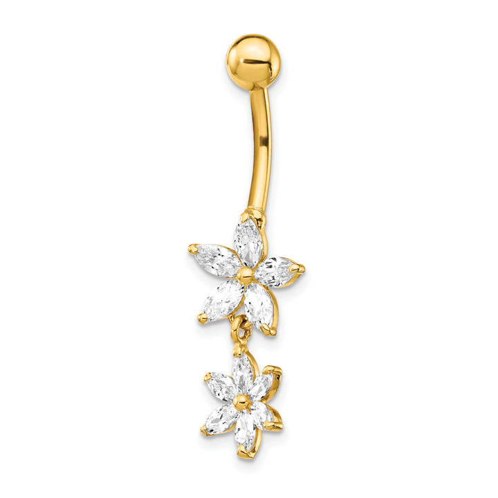 14k Yellow Gold Gauge CZ 2-Flower Dangle Belly Ring