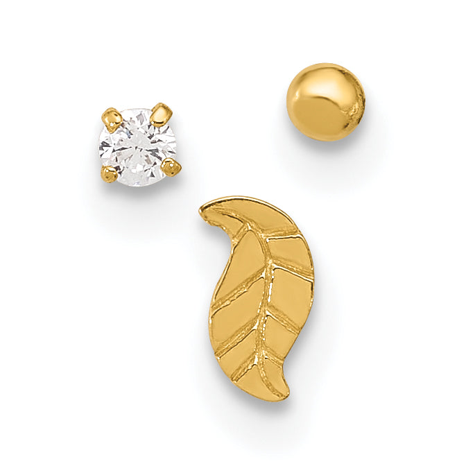 14k Yellow Gold  22 Gauge Leaf, Ball and CZ Post Nose Set