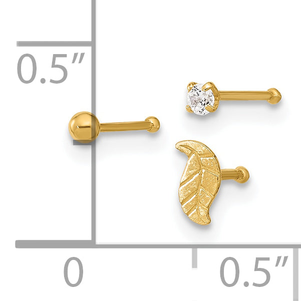 14k Yellow Gold  22 Gauge Leaf, Ball and CZ Post Nose Set