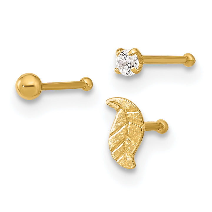 14k Yellow Gold  22 Gauge Leaf, Ball and CZ Post Nose Set