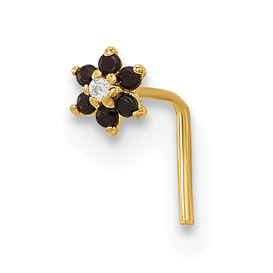 14k Yellow Gold  23 Gauge Black & White CZ Flower Nose Post