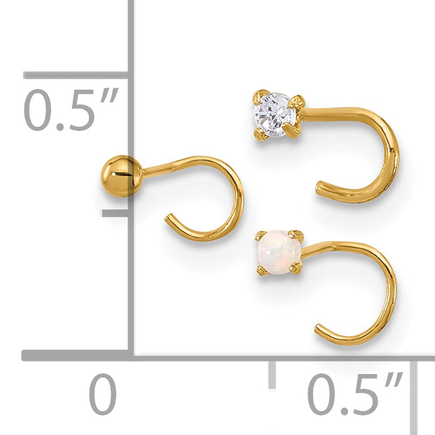 14k Yellow Gold  22 Gauge CZ, Synthetic Opal Ball Nose Post Set