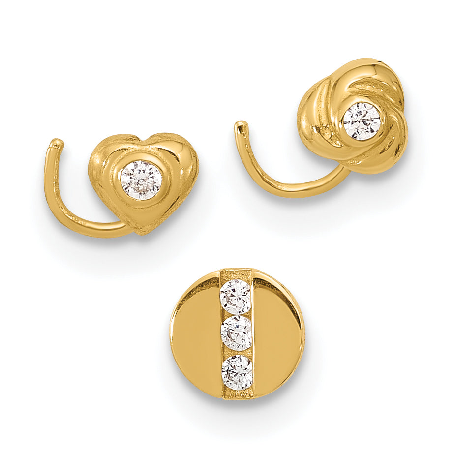 14k Yellow Gold  22 Gauge CZ Heart, Flower, and Circle Nose Post Set