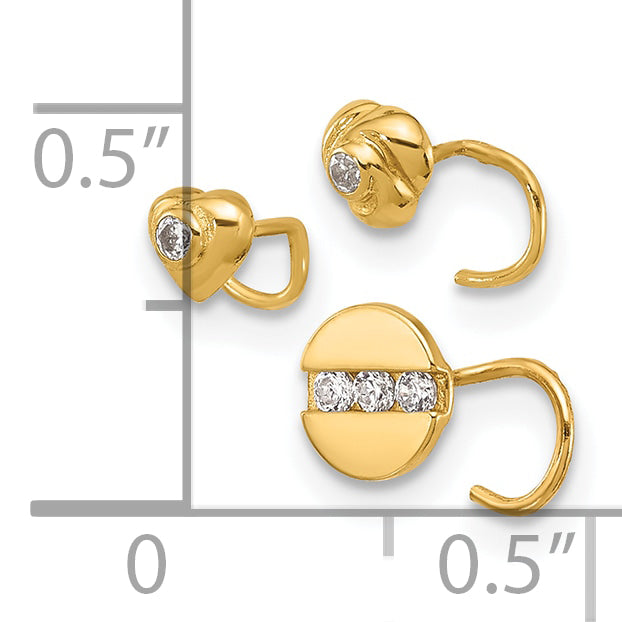 14k Yellow Gold  22 Gauge CZ Heart, Flower, and Circle Nose Post Set