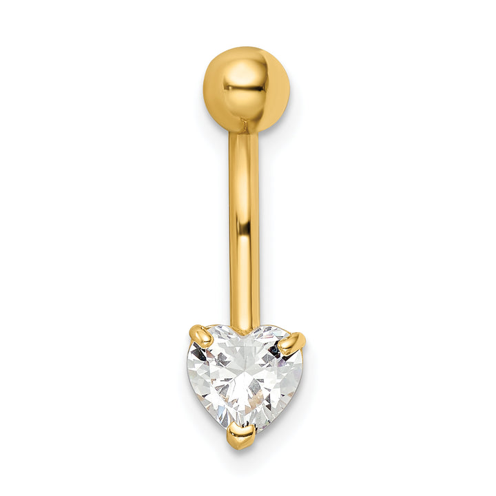 14k Yellow Gold  14 Gauge Heart Shaped CZ Belly Ring