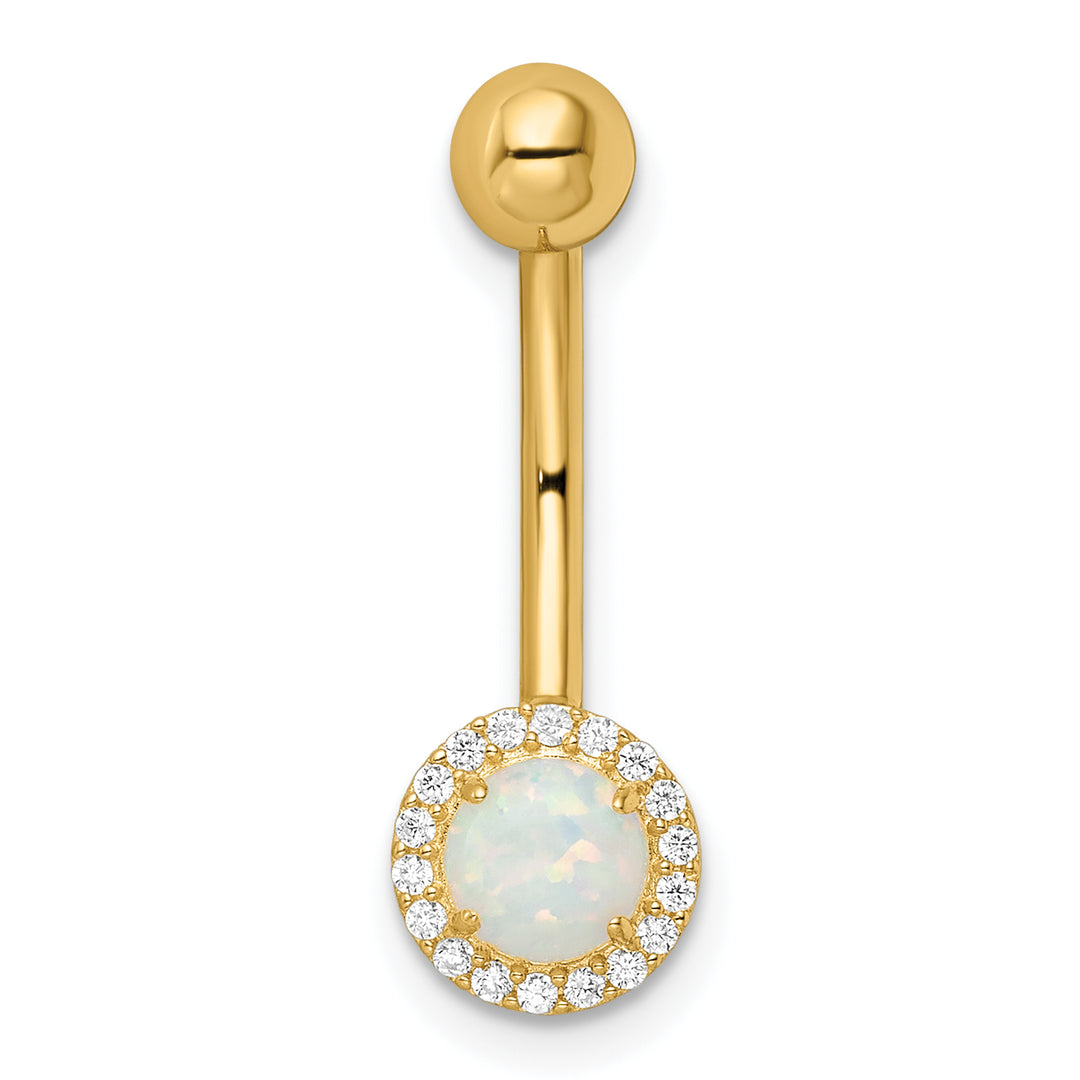 14k Yellow Gold  14 Gauge Created Opal and CZ Belly Ring